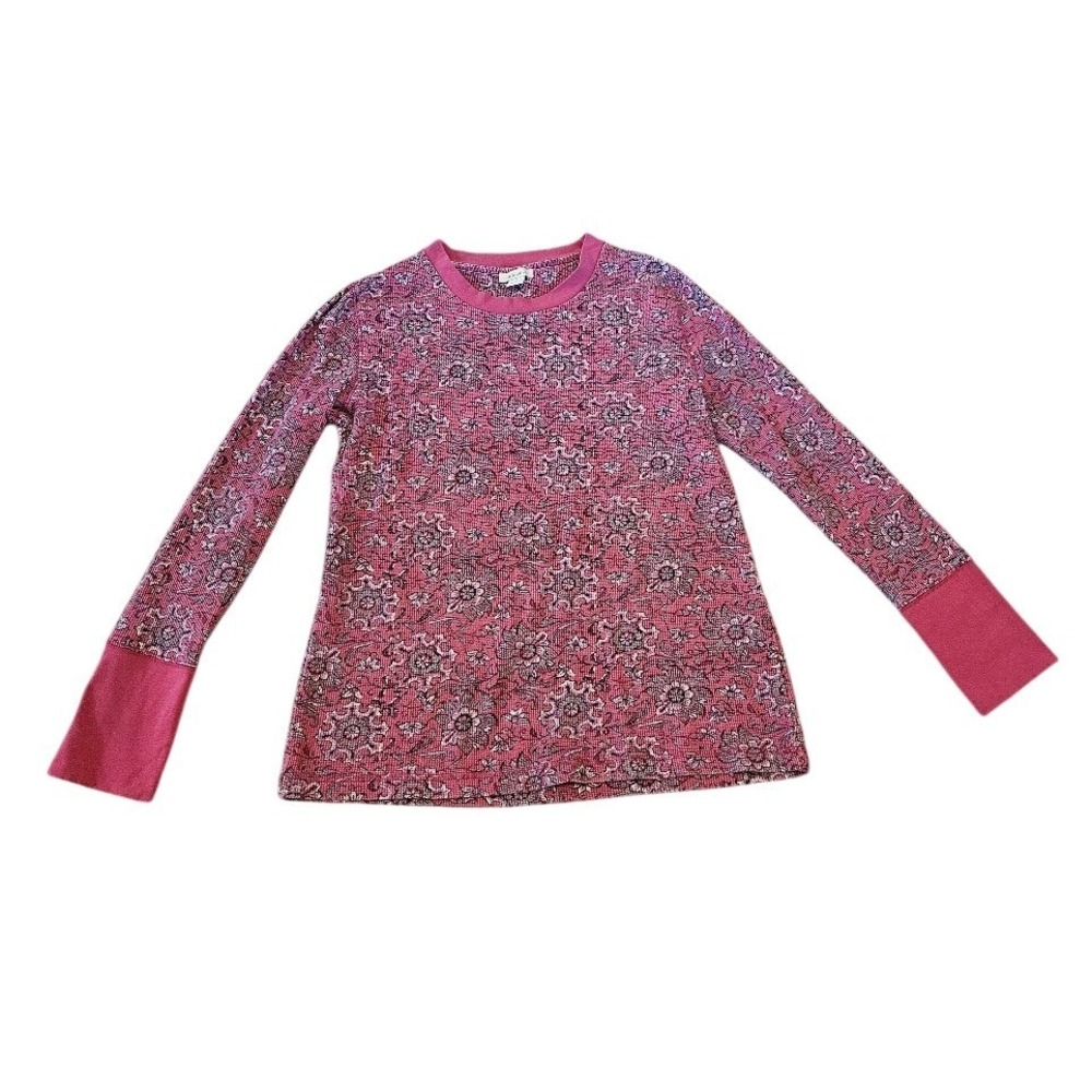 Sundance Women Pink Floral Waffle Knit Thermal Top Long Sleeve Button Cuff Large